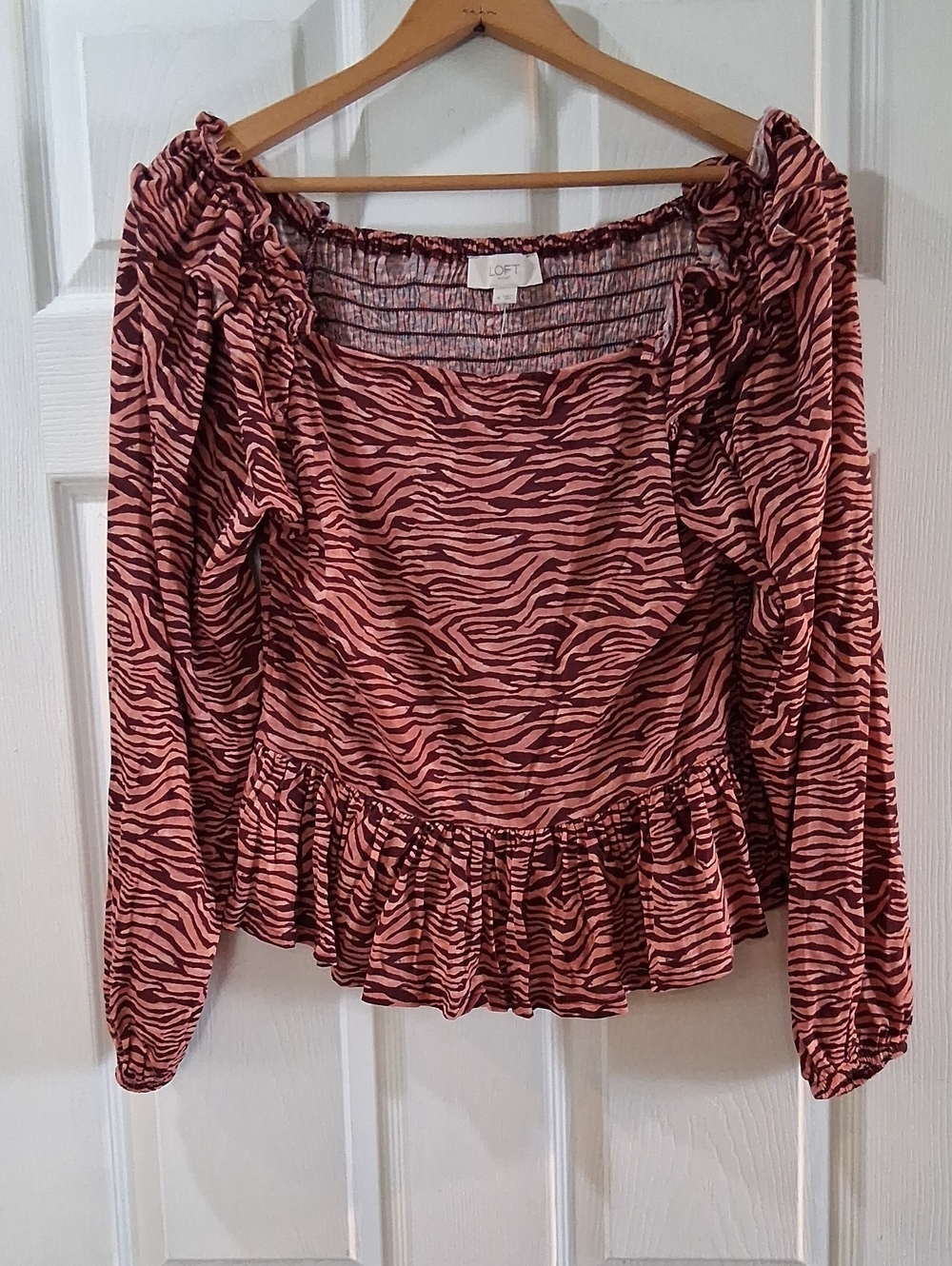 LOFT Pink Zebra-Print Ruffle Peplum Long Sleeve Top